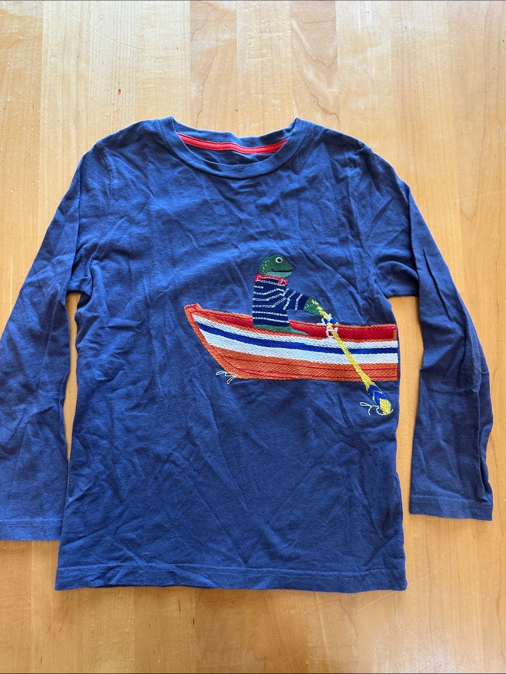 Mini Boden Navy Long Sleeve Tee with Striped Boat & Frog Applique